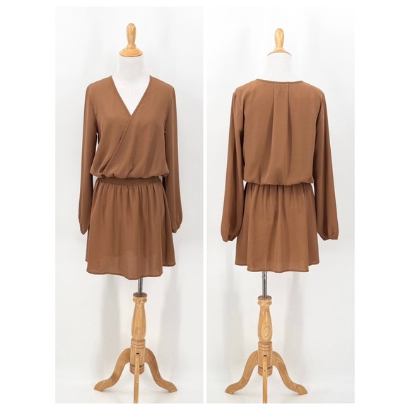 Sabo Skirt Dresses & Skirts - SABO SKIRT Mini Dress Women XS Brown Wrap Long Sleeve Smocked Waist Pull on